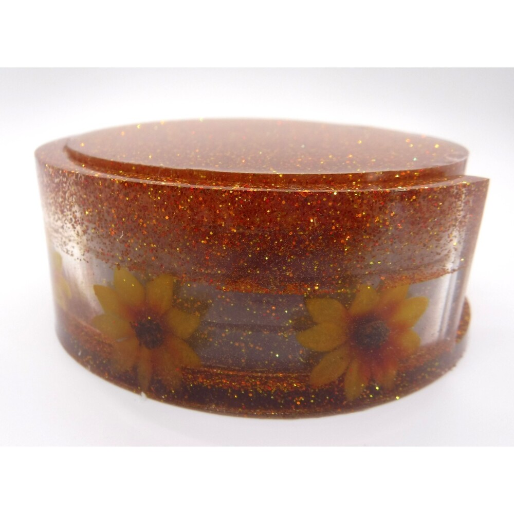 Coaster w/ Holder Orange & Gold w/ Paper Sunflowers